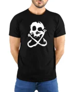 Skull Fishing Hooks Pirate Style Funny Graphic Tee - model wearing black tee with hands behind back