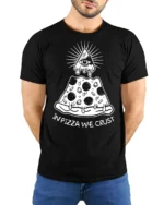 In Pizza We Crust Funny Illuminati Pizza Graphic Tee - model wearing black tee with hands behind back