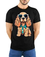 Stylish Dog Wearing Tie And Shades Cute Graphic T Shirt - model wearing black tee with hands behind back