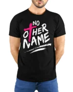 No Other Name Jesus Cross Bold Christian Graphic T Shirt - model wearing black tee with hands behind back