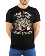 True Crime Detective Couch Division Funny Cat Graphic Tee - model wearing black tee with hands behind back