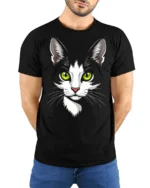 Adorable Cat Face Green Eyes Cute Pet Graphic T Shirt - model wearing black tee with hands behind back