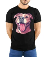 Happy Smiling Dog Face Cute Pet Lover Graphic Tee - model wearing black tee with hands behind back