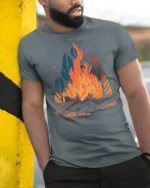 Burning Campfire Wilderness Vibes Camping Graphic T Shirt - model wearing grey tee, leaning on column