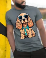 Stylish Dog Wearing Tie And Shades Cute Graphic T Shirt - model wearing grey tee, leaning on column