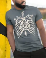 Dead Inside Skeleton Ribcage Funny Dark Humor Graphic Tee - model wearing grey tee, leaning on column