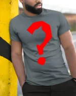Batman Style Silhouette Question Mark Graphic T Shirt - model wearing grey tee, leaning on column