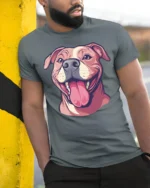 Happy Smiling Dog Face Cute Pet Lover Graphic Tee - model wearing grey tee, leaning on column
