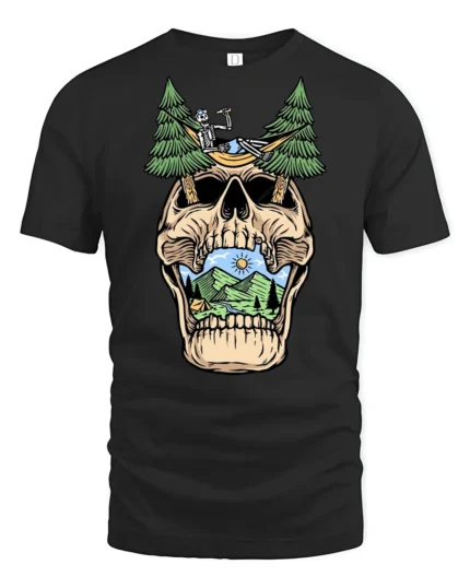 Relaxing Skeleton Skull Camping Graphic T Shirt Outdoor Fun Tee - black t-shirt on white background