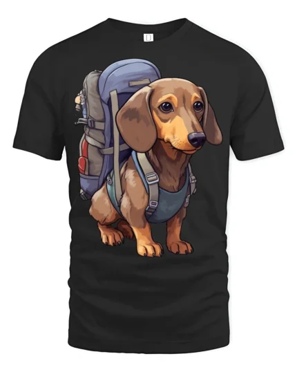 Hiking Dachshund Dog Graphic T Shirt Outdoor Lover Cute Tee - black t-shirt on white background
