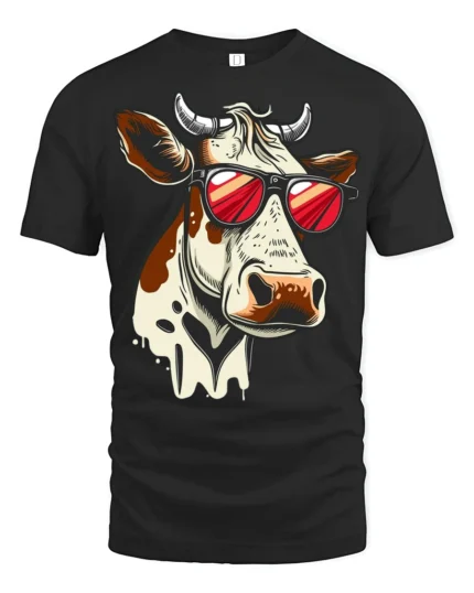 Funny Cool Cow With Sunglasses Graphic T Shirt Farm Humor Tee - black t-shirt on white background