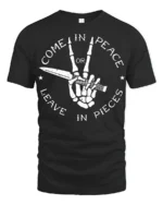 Come In Peace Or Leave In Pieces Skull Hand Graphic T Shirt - black t-shirt on white background