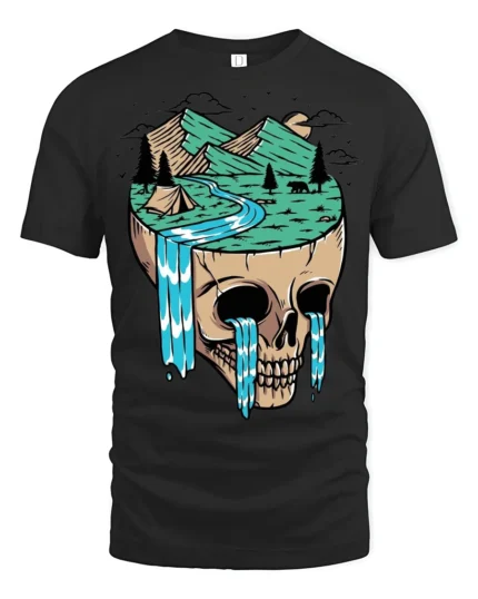 Surreal Skull Mountain Landscape Graphic T Shirt Nature Art Tee - black t-shirt on white background