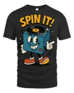 Spin It Retro DJ Turntable Cartoon Graphic T Shirt Music Tee - black t-shirt on white background