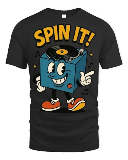 Spin It Retro DJ Turntable Cartoon Graphic T Shirt Music Tee - black t-shirt on white background