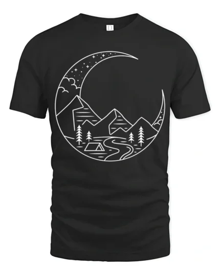 Minimalist Mountain Night Camping Line Art Graphic T Shirt Tee - black t-shirt on white background