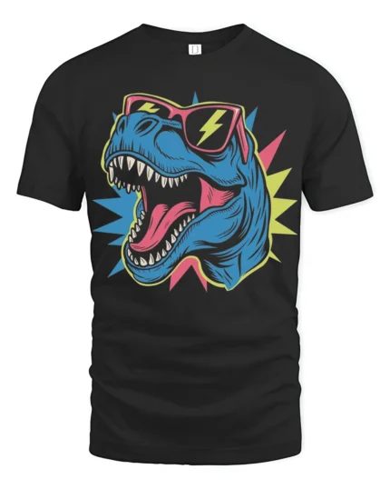 Cool T Rex Dinosaur Sunglasses Lightning Graphic T Shirt Tee - black t-shirt on white background