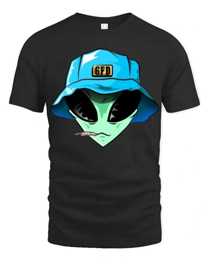 Funny Alien Bucket Hat Smoking Graphic T Shirt Cool UFO Tee - black t-shirt on white background