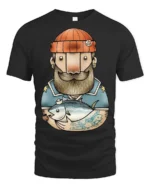Bearded Angler Sailor Fish Catch Graphic Tee Design - black t-shirt on white background