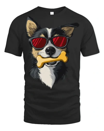 Stylish Dog Wearing Shades With Bone Fun Graphic Tee Shirt - black t-shirt on white background