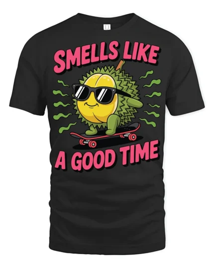 Funny Durian Smells Like A Good Time Graphic T Shirt - black t-shirt on white background