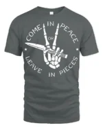 Come In Peace Or Leave In Pieces Skull Hand Graphic T Shirt - gray t-shirt on white background
