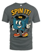 Spin It Retro DJ Turntable Cartoon Graphic T Shirt Music Tee - gray t-shirt on white background