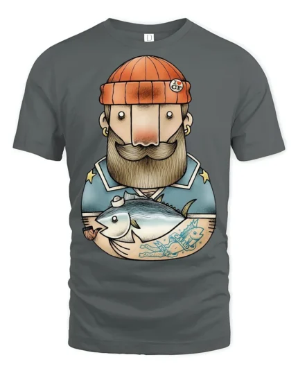 Bearded Angler Sailor Fish Catch Graphic Tee Design - gray t-shirt on white background