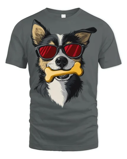 Stylish Dog Wearing Shades With Bone Fun Graphic Tee Shirt - gray t-shirt on white background
