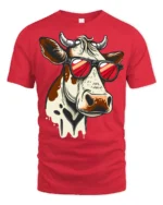 Funny Cool Cow With Sunglasses Graphic T Shirt Farm Humor Tee - red t-shirt on white background