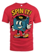 Spin It Retro DJ Turntable Cartoon Graphic T Shirt Music Tee - red t-shirt on white background