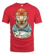 Bearded Angler Sailor Fish Catch Graphic Tee Design - red t-shirt on white background