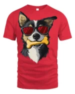 Stylish Dog Wearing Shades With Bone Fun Graphic Tee Shirt - red t-shirt on white background