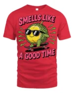 Funny Durian Smells Like A Good Time Graphic T Shirt - red t-shirt on white background