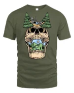 Relaxing Skeleton Skull Camping Graphic T Shirt Outdoor Fun Tee - military green t-shirt on white background
