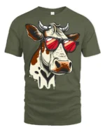 Funny Cool Cow With Sunglasses Graphic T Shirt Farm Humor Tee - military green t-shirt on white background