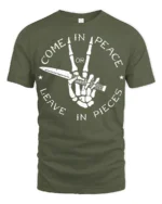 Come In Peace Or Leave In Pieces Skull Hand Graphic T Shirt - military green t-shirt on white background