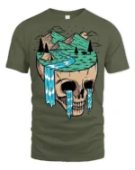 Surreal Skull Mountain Landscape Graphic T Shirt Nature Art Tee - military green t-shirt on white background