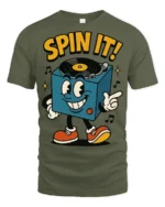 Spin It Retro DJ Turntable Cartoon Graphic T Shirt Music Tee - military green t-shirt on white background