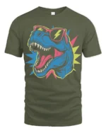 Cool T Rex Dinosaur Sunglasses Lightning Graphic T Shirt Tee - military green t-shirt on white background