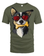 Stylish Dog Wearing Shades With Bone Fun Graphic Tee Shirt - military green t-shirt on white background