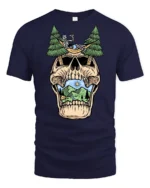 Relaxing Skeleton Skull Camping Graphic T Shirt Outdoor Fun Tee - navy t-shirt on white background