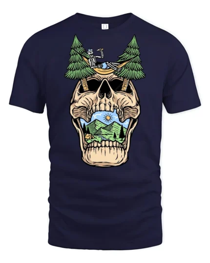 Relaxing Skeleton Skull Camping Graphic T Shirt Outdoor Fun Tee - navy t-shirt on white background