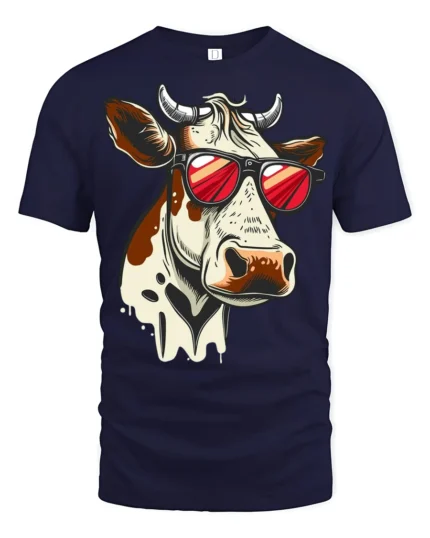 Funny Cool Cow With Sunglasses Graphic T Shirt Farm Humor Tee - navy t-shirt on white background
