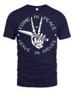 Come In Peace Or Leave In Pieces Skull Hand Graphic T Shirt - navy t-shirt on white background