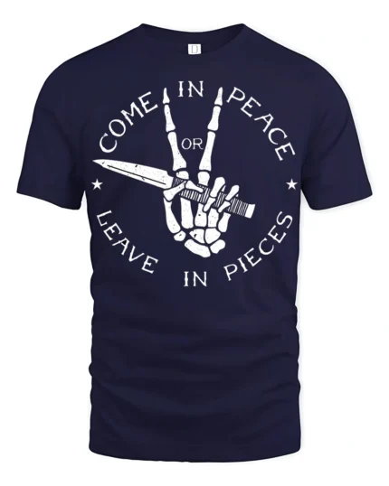 Come In Peace Or Leave In Pieces Skull Hand Graphic T Shirt - navy t-shirt on white background