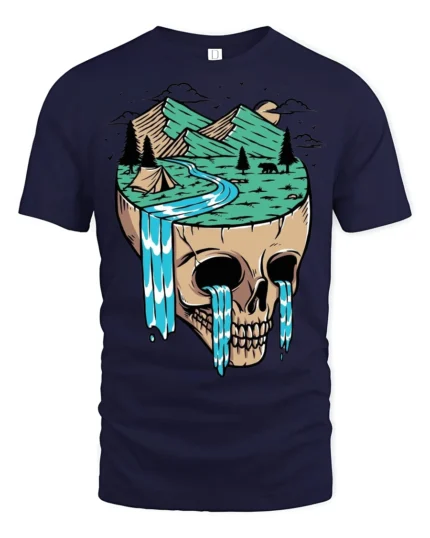 Surreal Skull Mountain Landscape Graphic T Shirt Nature Art Tee - navy t-shirt on white background