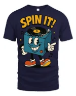 Spin It Retro DJ Turntable Cartoon Graphic T Shirt Music Tee - navy t-shirt on white background
