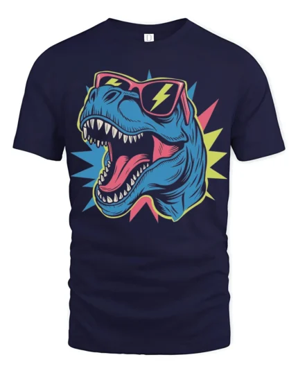 Cool T Rex Dinosaur Sunglasses Lightning Graphic T Shirt Tee - navy t-shirt on white background
