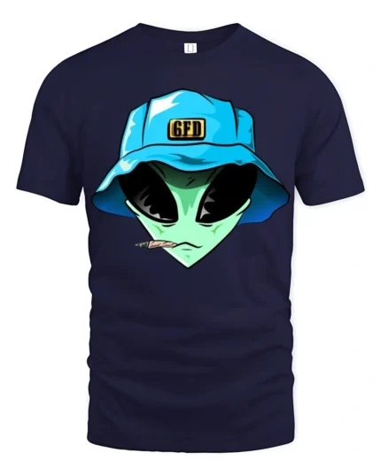 Funny Alien Bucket Hat Smoking Graphic T Shirt Cool UFO Tee - navy t-shirt on white background